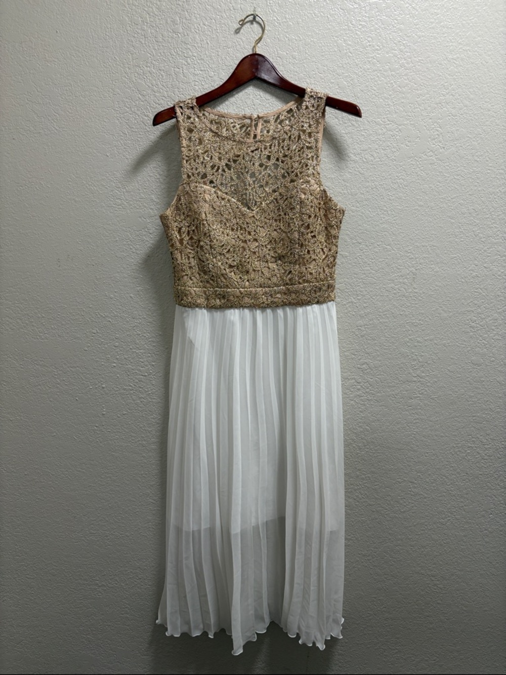 B Darlin Gold Lace Bodice White Pleated Midi Dress